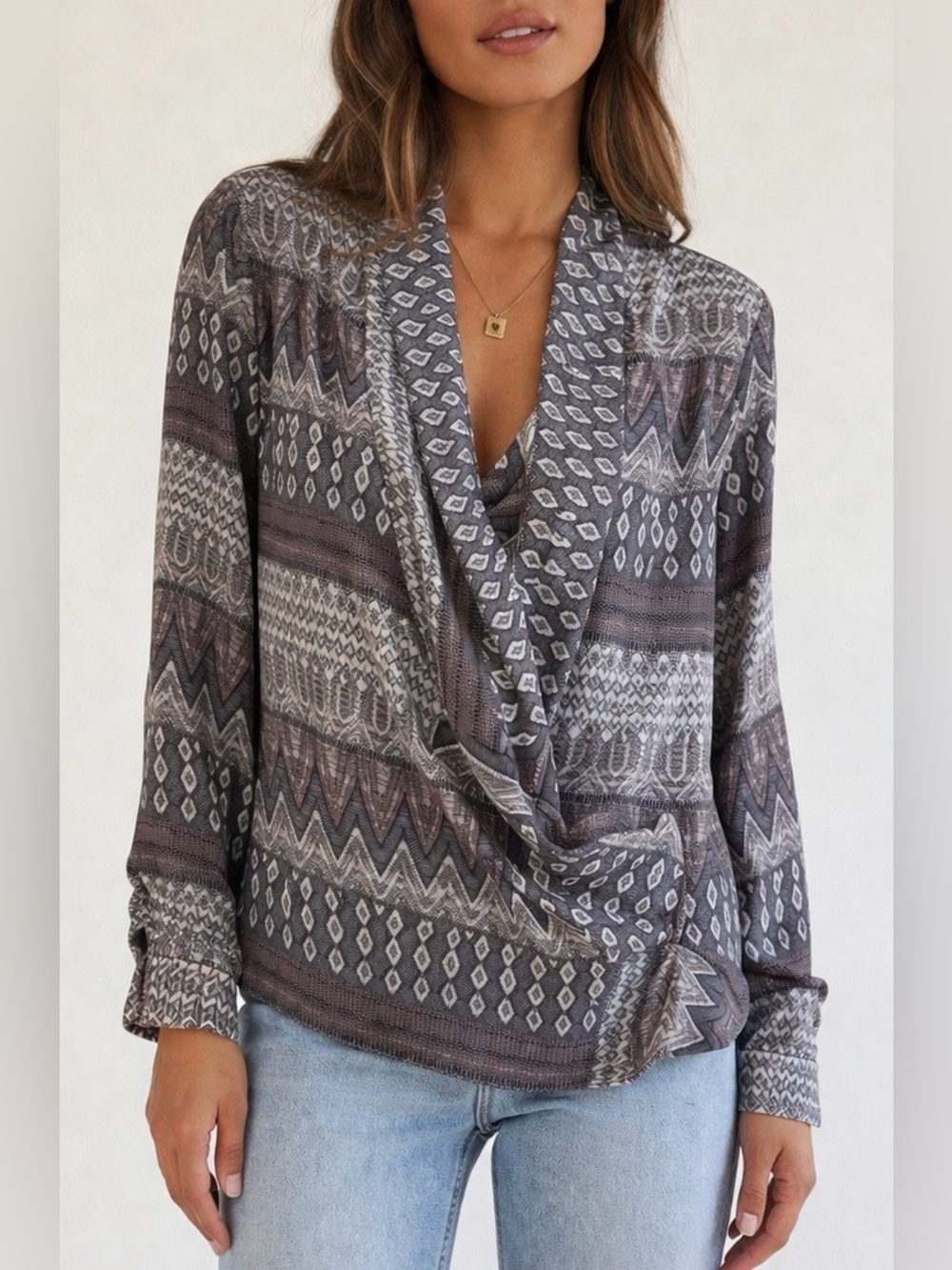 L’AGENCE Silk Draped Geometric Print Blouse